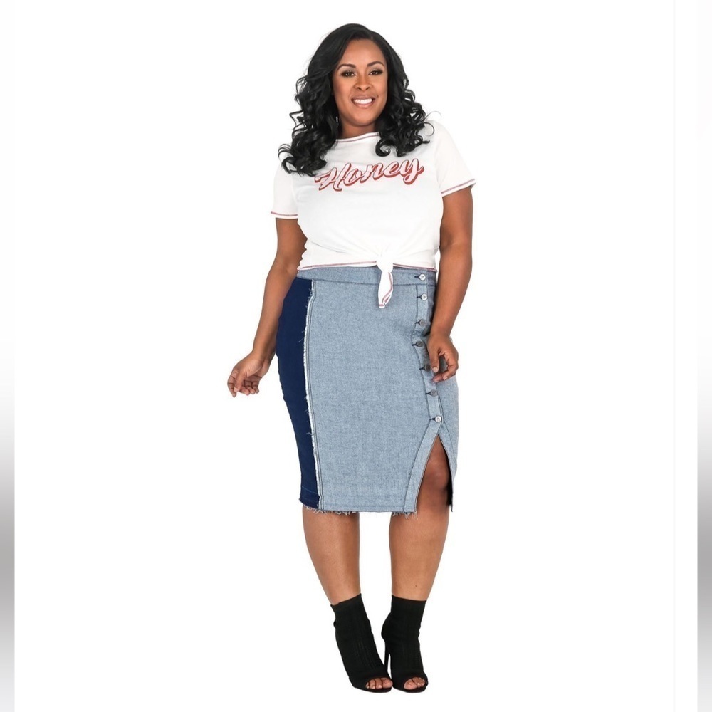 Poetic Justice Juliana High Waisted Midi Skirt Button Front Two Tone Multi Media